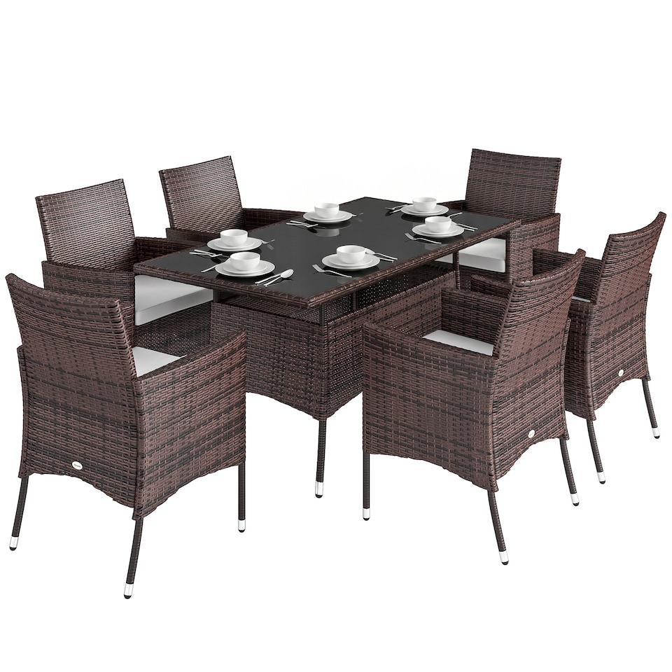 image 1 of Outsunny Rattan Dining Set for 6 with Cushions, Glass Top Table, Brown