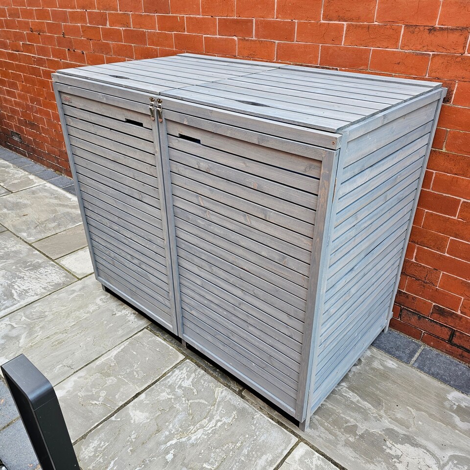 image 1 of 1.35m x 1.14m Large Grey Wooden Outdoor Garden Double Wheelie Bin Store Storage for 2 Bins