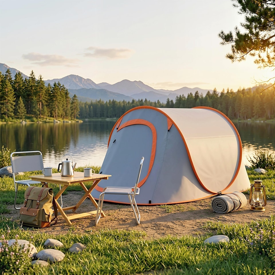 image 1 of Outsunny Pop up Camping Tent for 2 Man, 2000mm Waterproof with Carry Bag, Grey | Orange | Grey and Orange