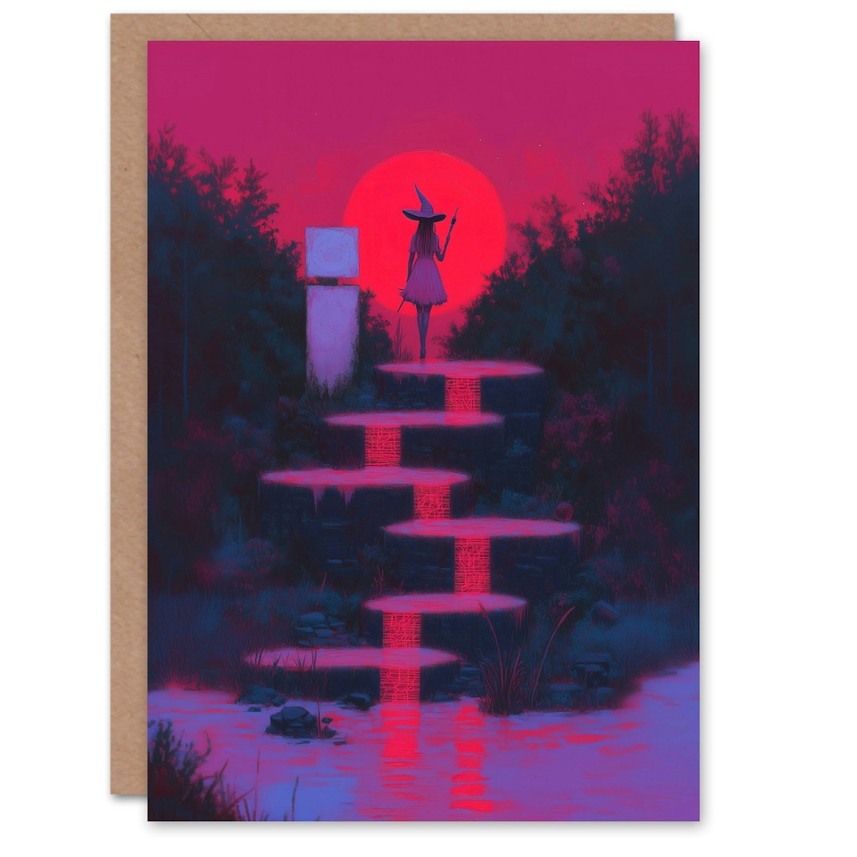 image 1 of Full Moon Witch Ritual Neon Pink Fantasy Art Halloween Greeting Card