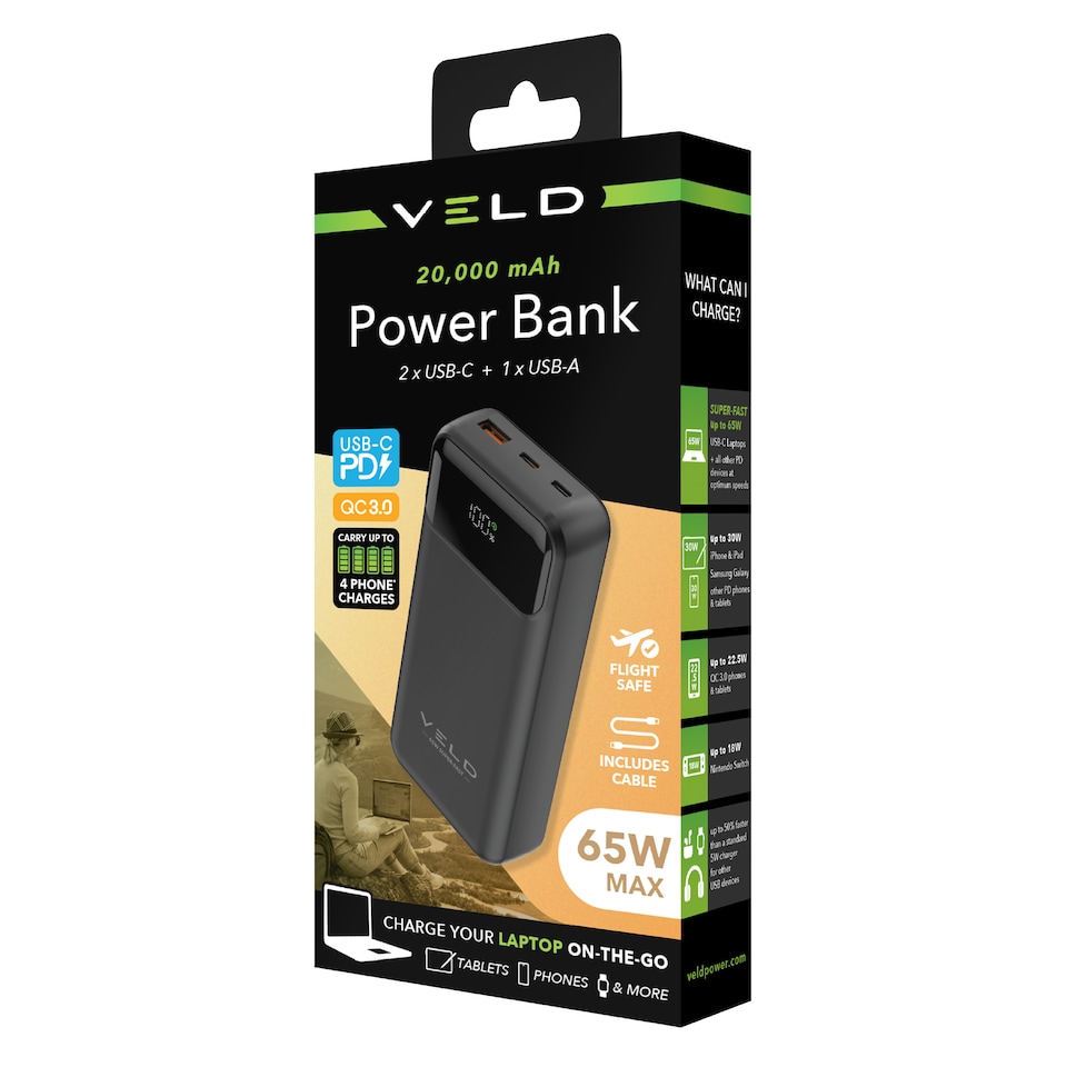 image 1 of VELD Super-Fast 20,000mAh Power Bank - 65W
