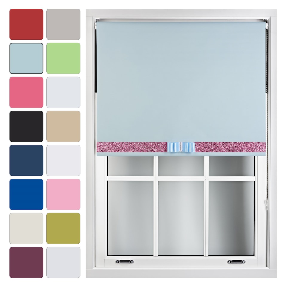 image 1 of FURNISHED Blackout Roller Blinds with Glitter Trim and Bow Insulated Designed Window Shade | Blue | Duck Egg Blue | (W) 90cm x (L) 165cm