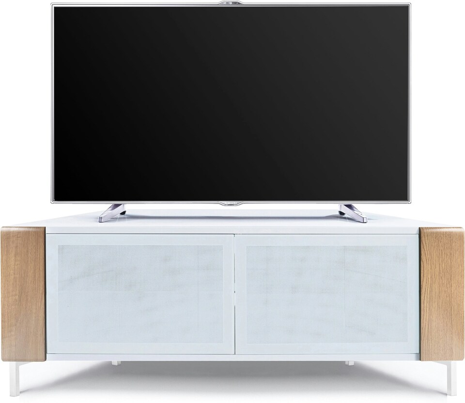 image 1 of MDA Designs CORVUS Corner-Friendly Gloss White Contemporary Cabinet with Oak Profiles White BeamThru Glass Doors Suitable for Flat Screen TVs up to 50" | Multi | 1
