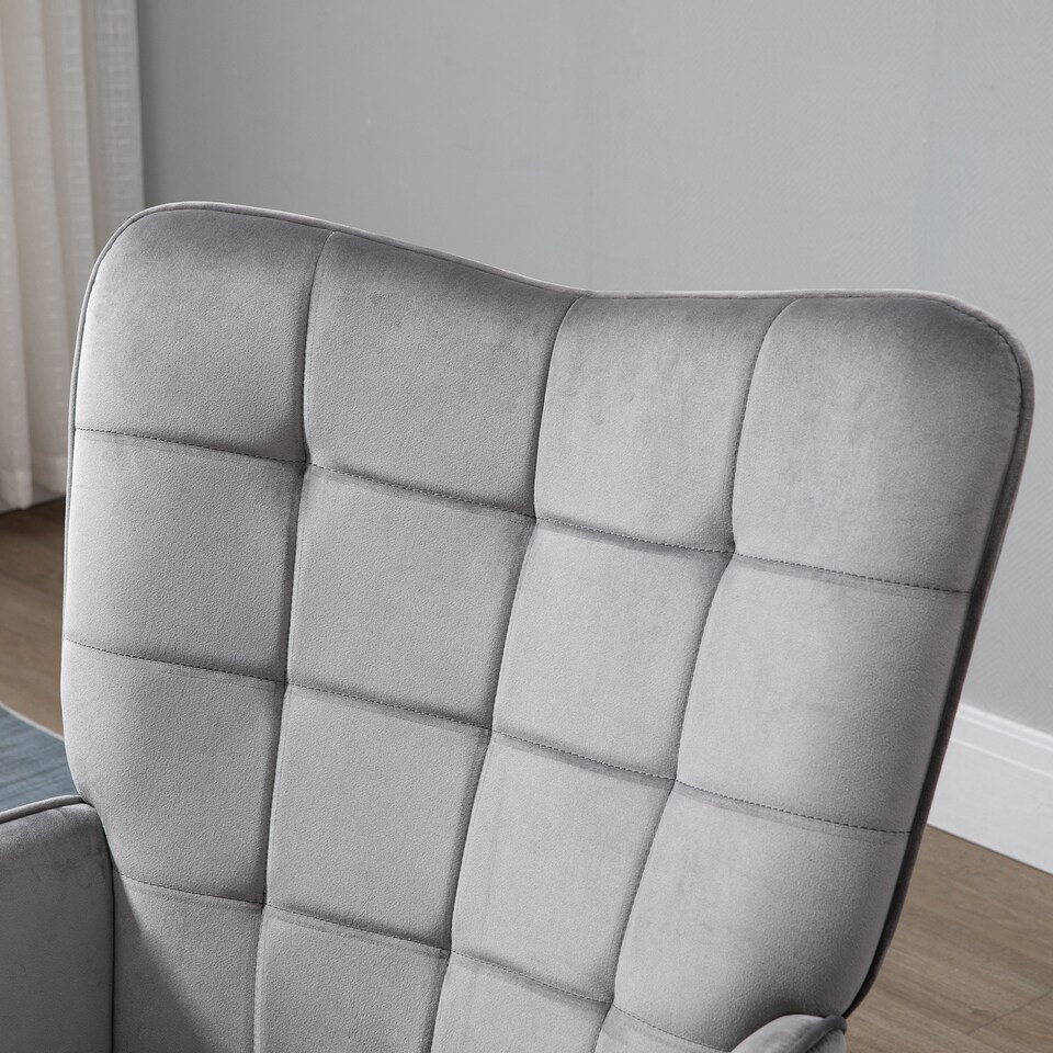 image 1 of HOMCOM Modern Accent Chair, Upholstered Tufted Wingback Armchair with Seat Padding, Velvet Leisure Lounge Bedroom Chair with Wood Legs, Grey