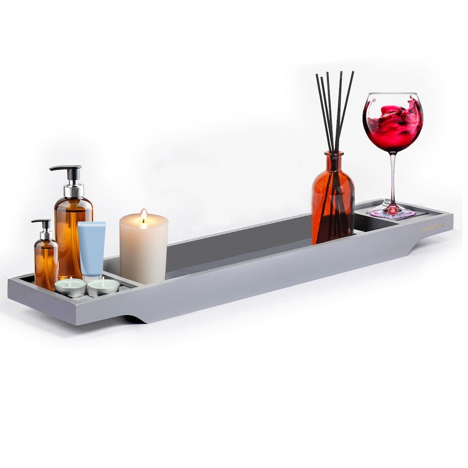 image 1 of Luxury Bamboo Bath Caddy Tray Wood Bathtub Storage Organizer Grey