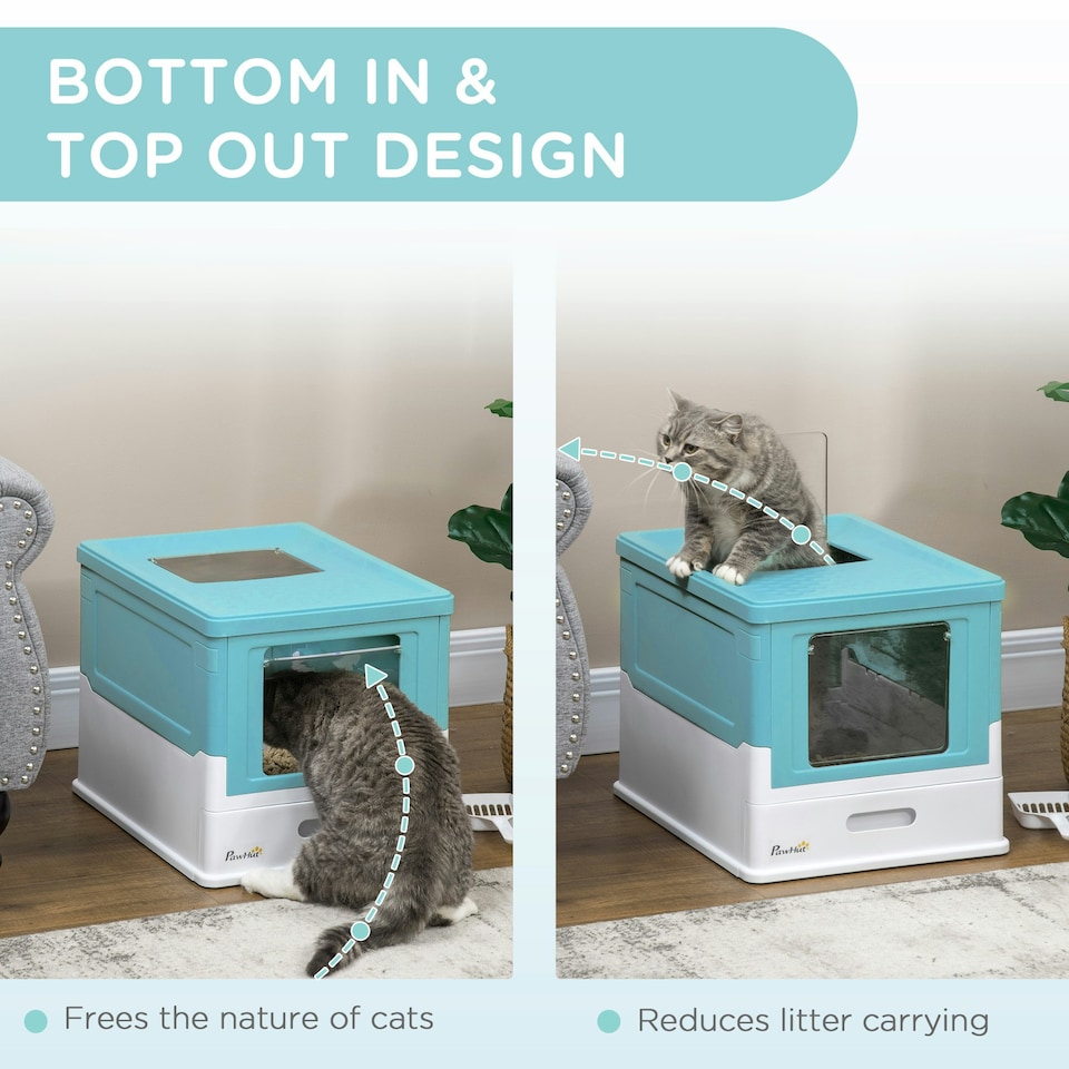 image 1 of PawHut Hooded Cat Litter Box, Pet Toilet w/ Scoop, Tray - Light Blue Blue