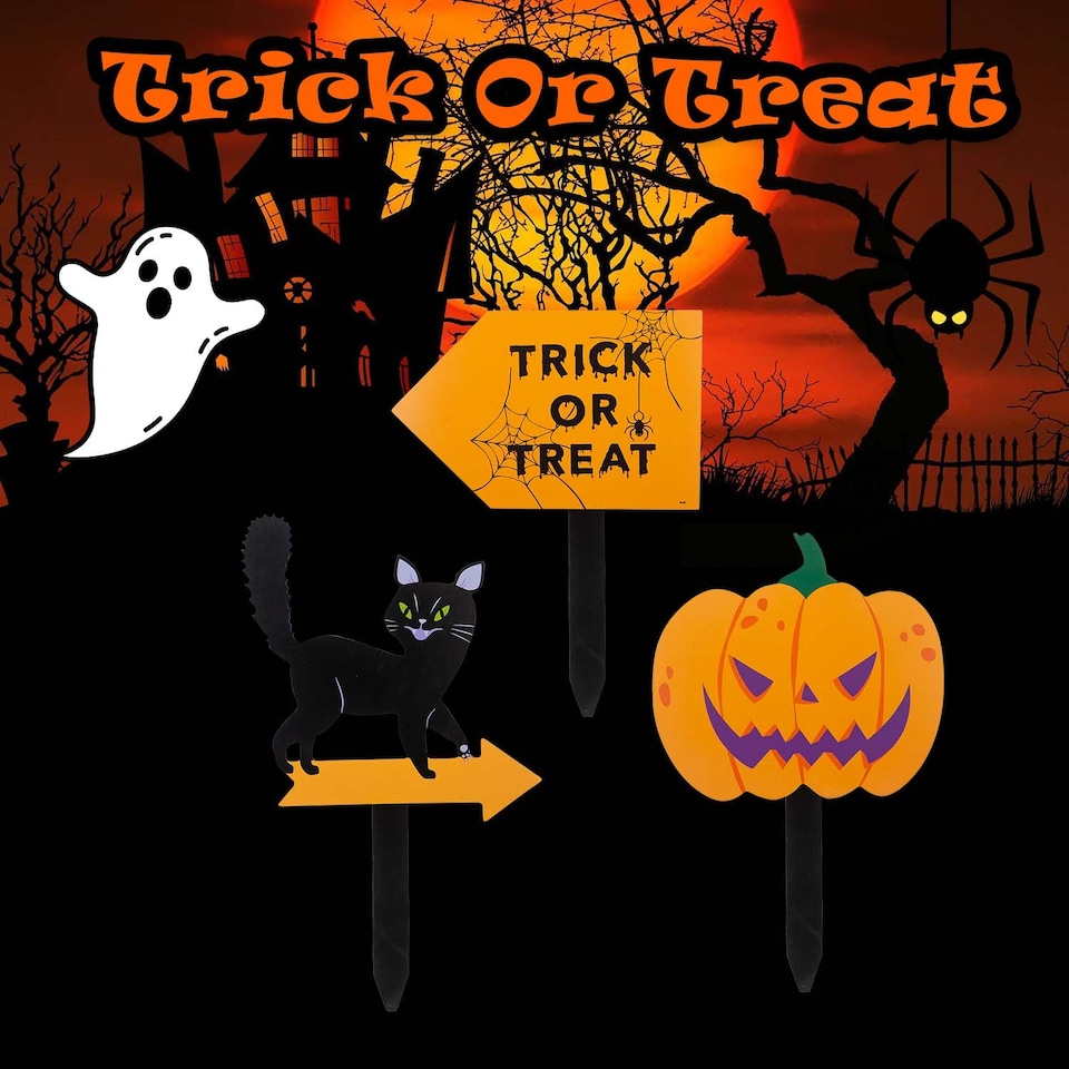 image 1 of vfm-estore Halloween Outdoor Stake Signs 3-Pack - Cat, Pumpkin, Trick or Treat