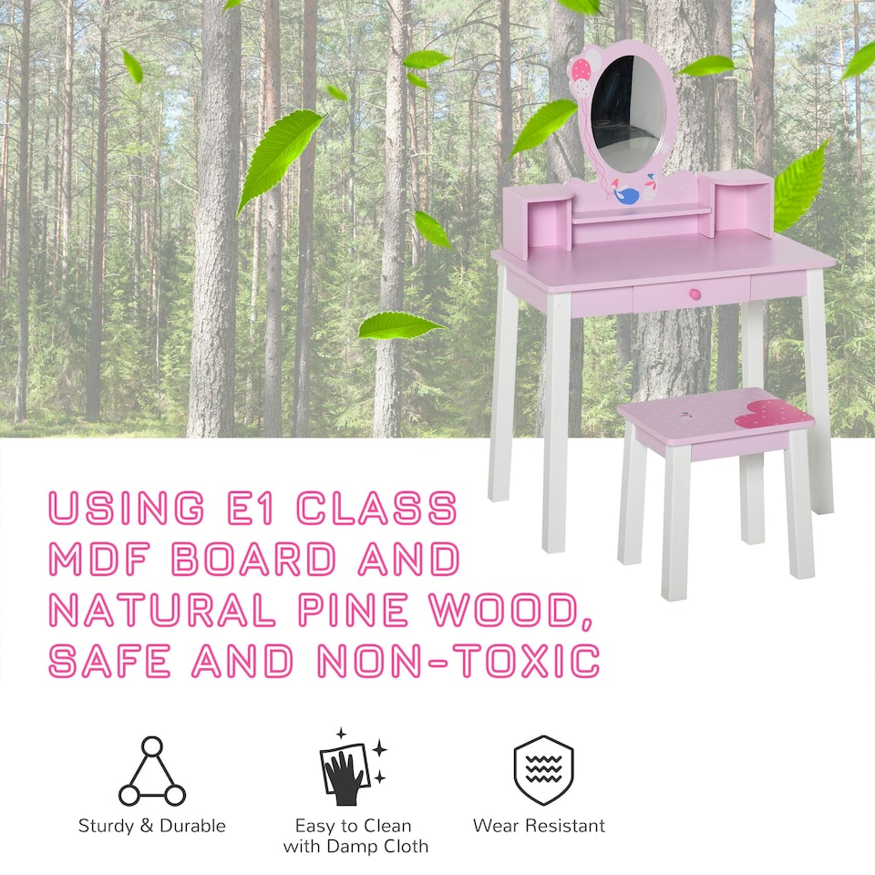 image 1 of HOMCOM Kids Dressing Table and Stool Set Make Up Desk with Storage (Pink) Pink