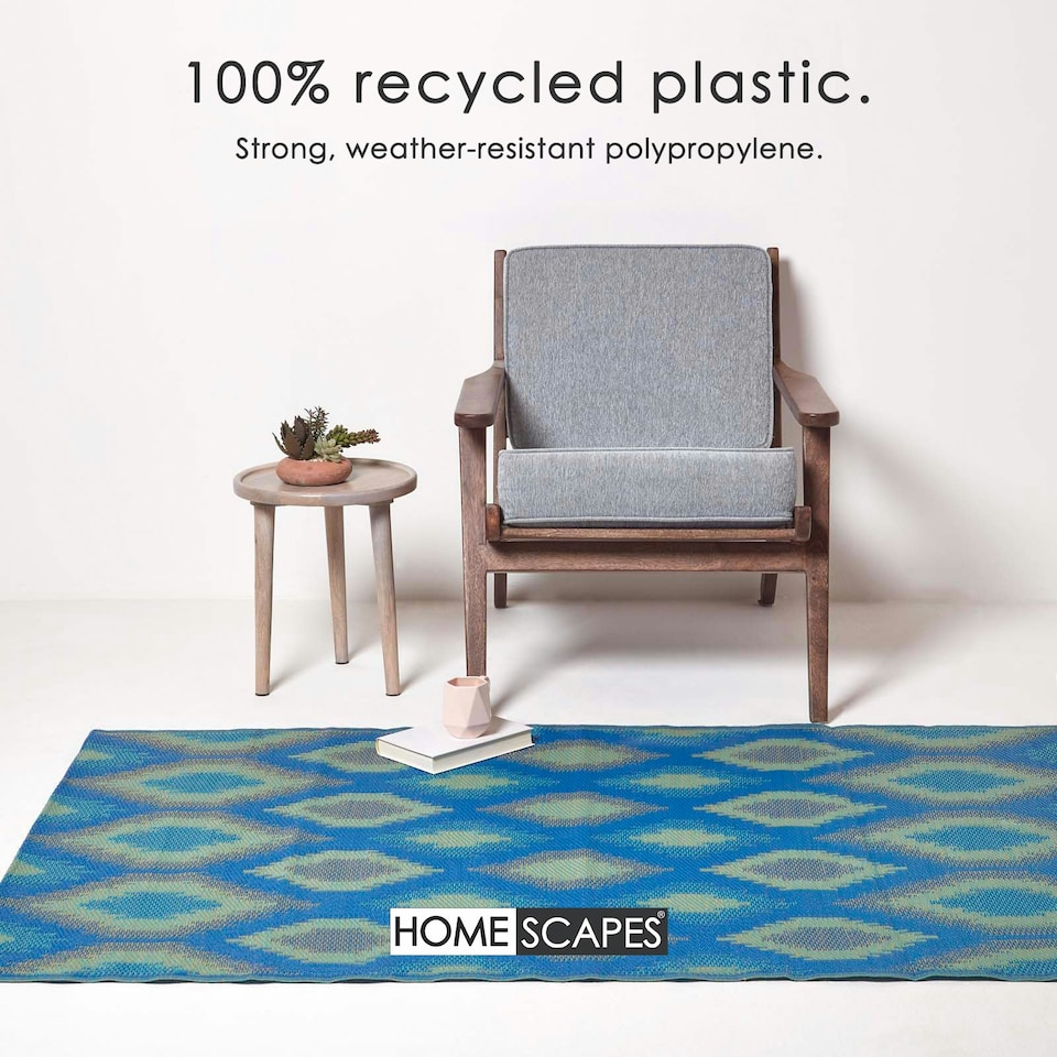 image 1 of Homescapes Outdoor Rug Luxury Waterproof Reversible Recycled, For Garden, Amber Ikat Blue | 180 x 270 cm
