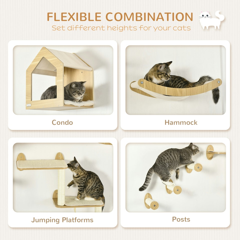 image 1 of PawHut Cat Wall Furniture Condo Perches Scratch Posts Steps 8 Piece Beige