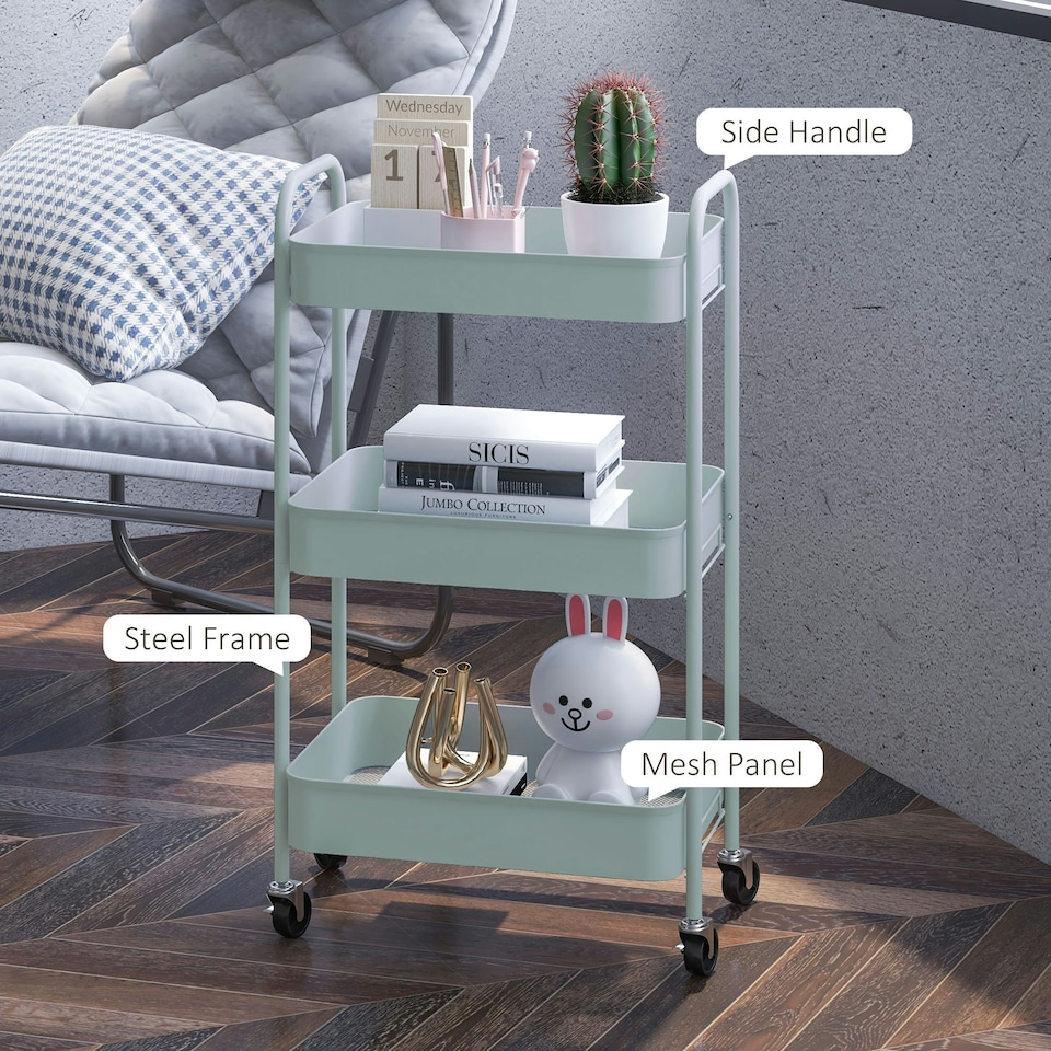 image 1 of HOMCOM 3 Tier Rolling Utility Cart with 3 Mesh Basket, Light Blue