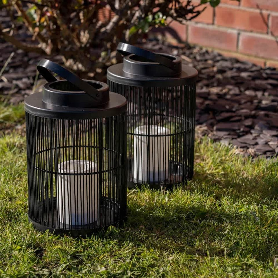 image 1 of ValueLights Outdoor Black Wire Basket Candlelight Lantern | Black