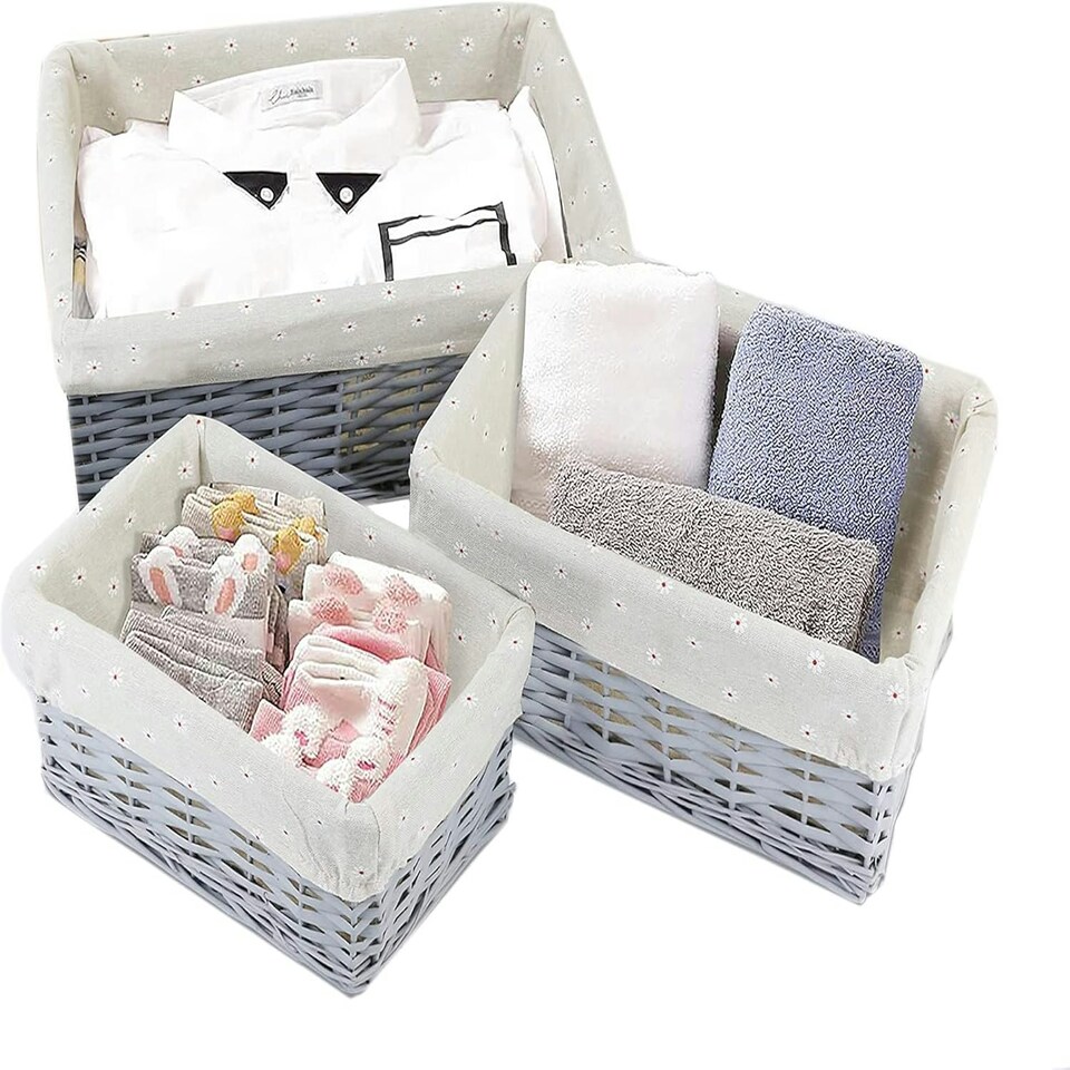 image 1 of Marco Paul Set of 3 Grey Storage Baskets Decorative Storage Boxes Wicker Basket Grey