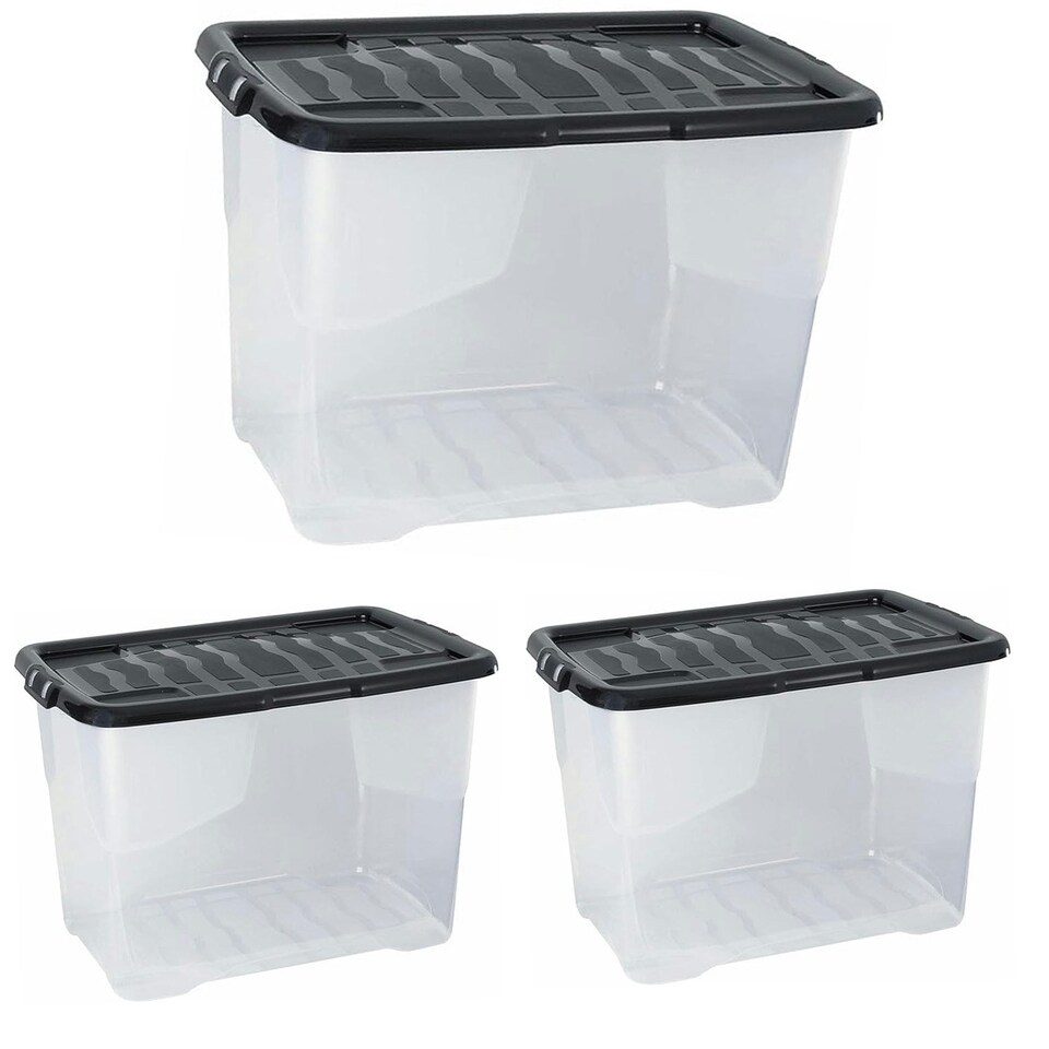 image 1 of 2 x 100 Litres Clear Transparent Base Curve Storage Containers With Black Lids For Home & Office Clear