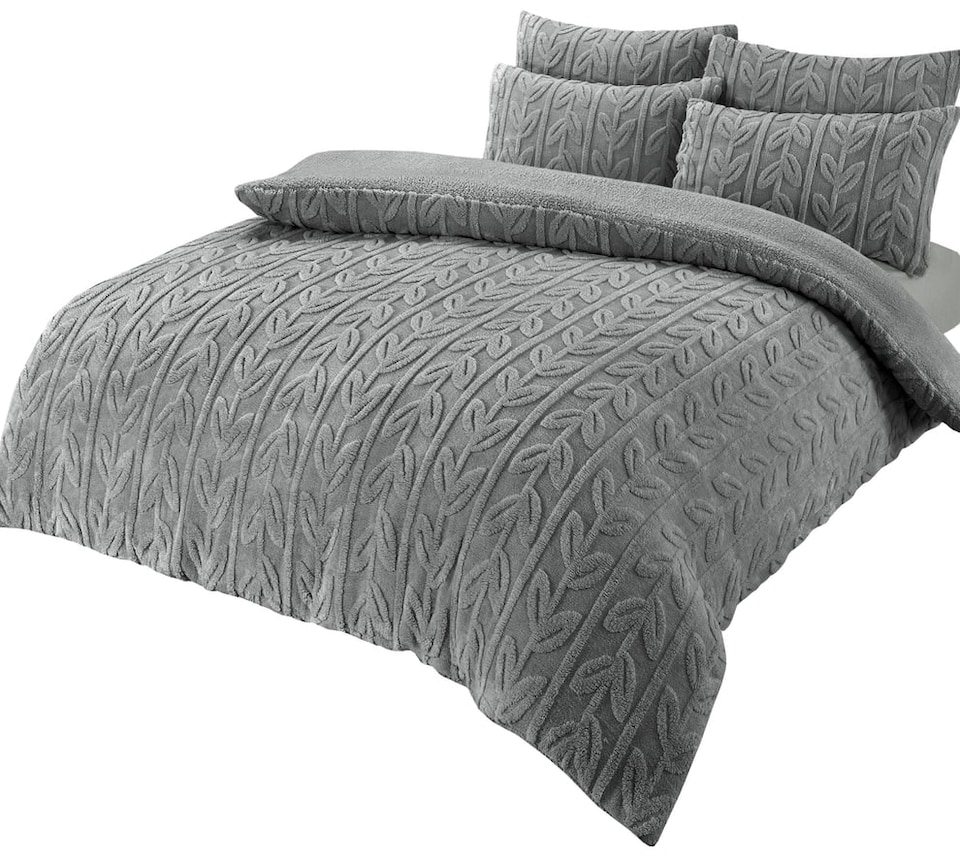 Leaf Printed Teddy Duvet Set in Grey - Single | Multi | Single