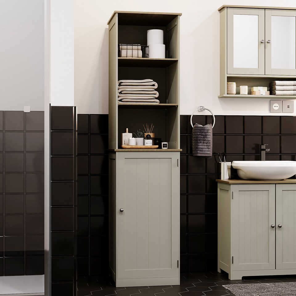 image 1 of Bath Vida Priano 1 Door 2 Shelf Tall Bathroom Cabient, Grey & Oak