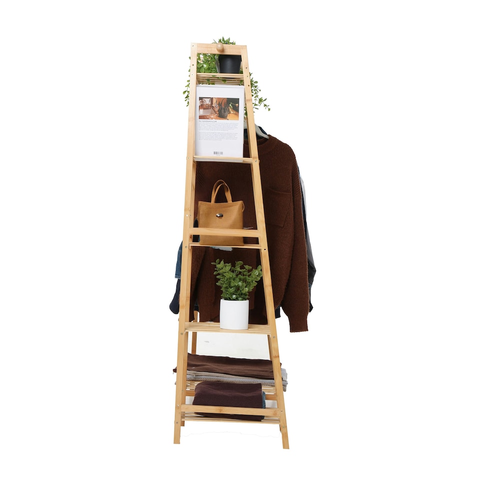 image 1 of Neo Bamboo Rack Clothes with Storage Shelf Hanging Rail and Side Hooks Brown