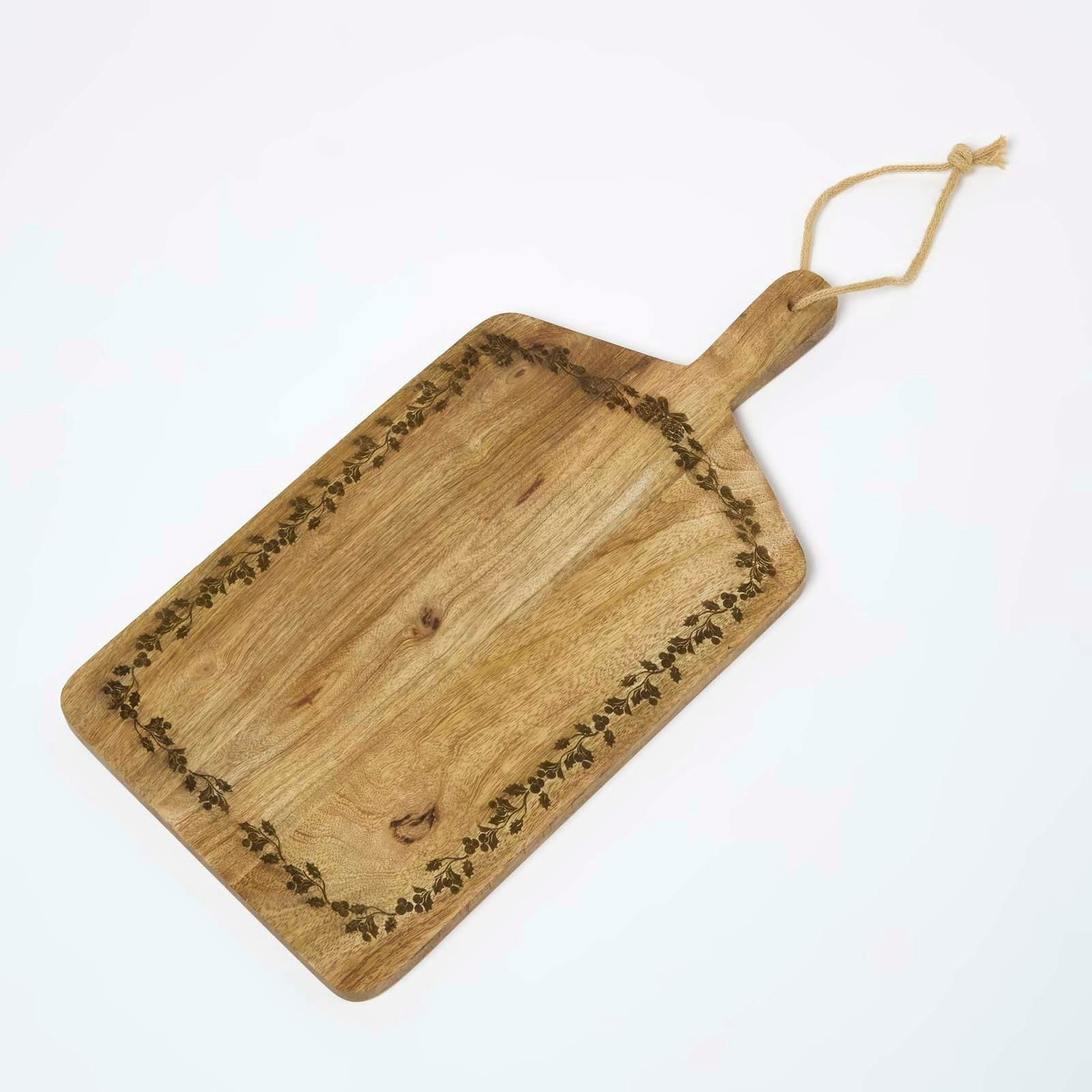 Homescapes Etched Christmas Holly Mango Wood Chopping Board with Handle