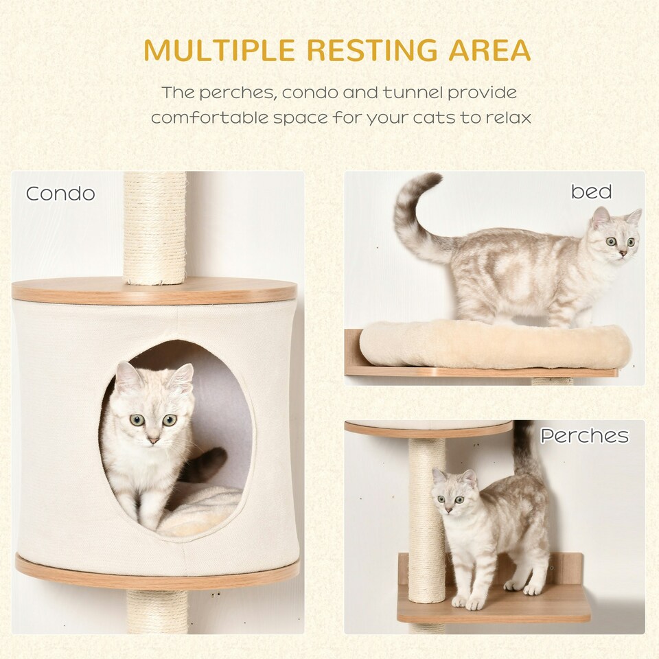 image 1 of PawHut Wall-Mounted Cat Tree Shelter with Cat House, Bed Beige