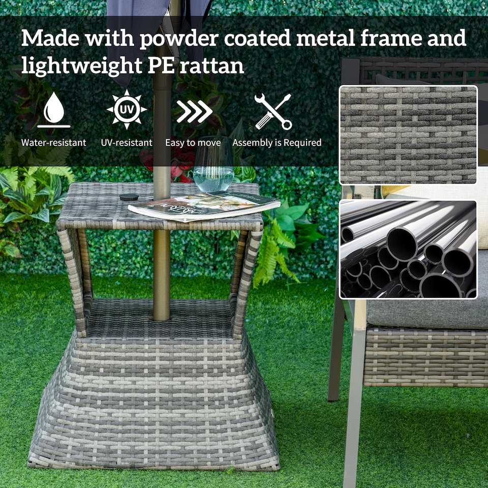 image 1 of Outsunny Rattan Wicker Tea Coffee Table w/ Umbrella Hole and Storage Space Grey