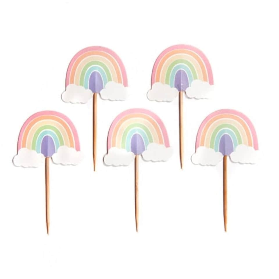 image 1 of Pastel Rainbow Cupcake Food Pick Toppers - Pack of 12