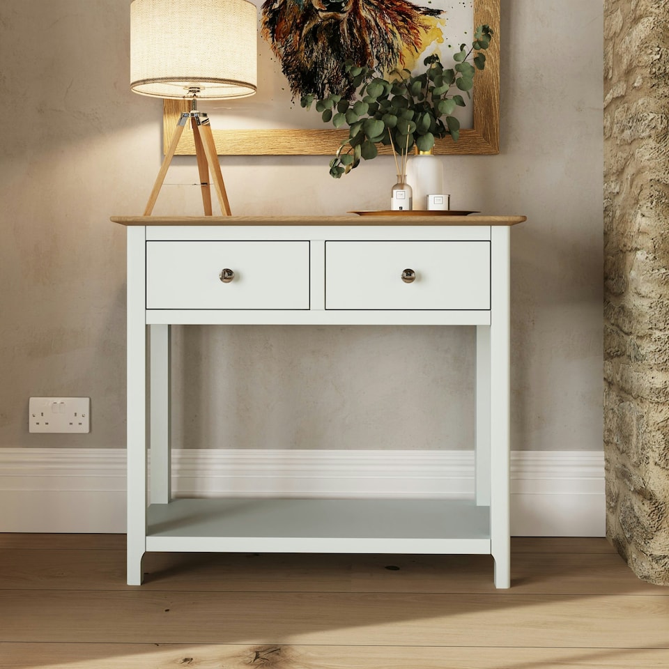 image 1 of Taberno Oak 2 Drawer Console Hallway Table Linen White White