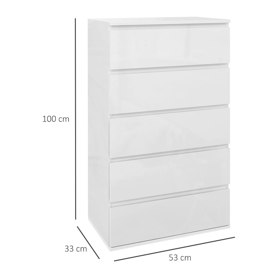 image 1 of HOMCOM Bedroom Chest of Drawers, High Gloss 5 Drawers Dresser, Grey