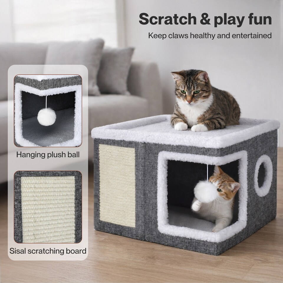 image 1 of Skylos Cat House Indoor Cat Cave with Scratch Pad Fluffy Ball Cat Bed Pet House