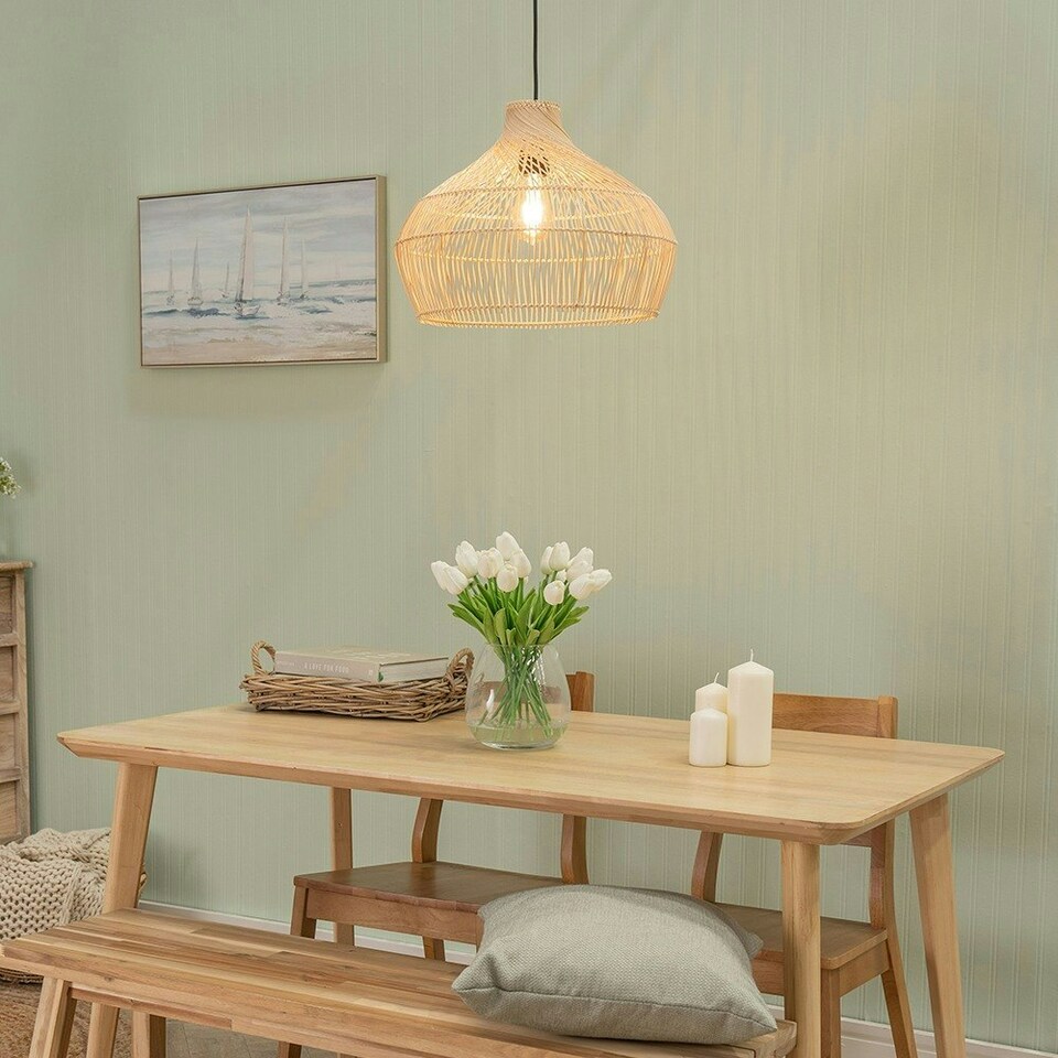 image 1 of ValueLights Anais Wood - Rattan Natural Dome Ceiling Pendant Shade
