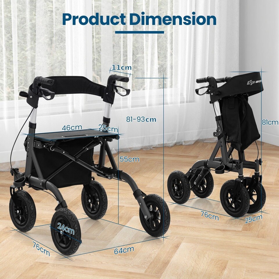 image 1 of COSTWAY Height Adjustable Foldable Rolling Walker with Seat Black