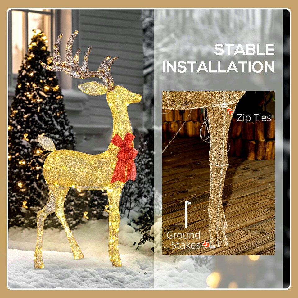image 1 of Outsunny Lighted Reindeer Christmas Decoration w/ Stakes Zip Ties Gold Tone