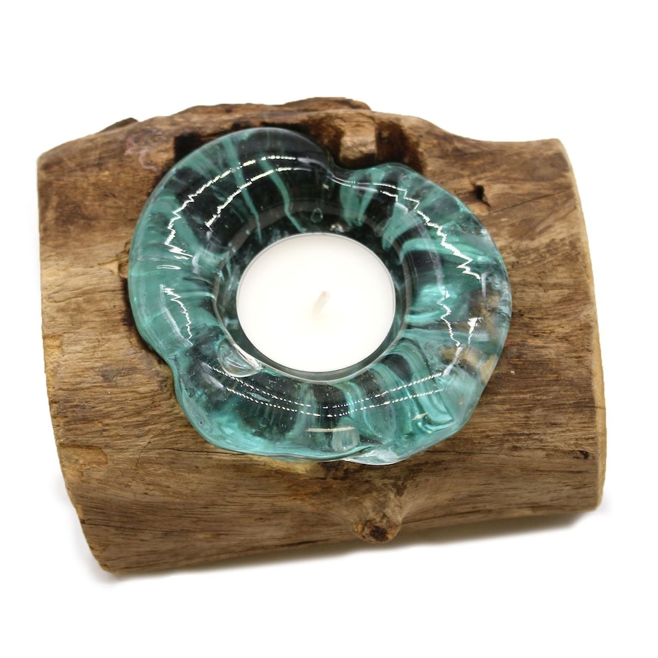 image 1 of Serenityy Molten Glass Single Candle Holder on Wood - Teal Glass, Natural Wood Base