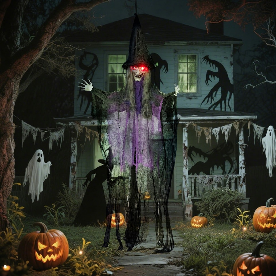 image 1 of Outsunny Voice Activated Halloween Animatronics Hanging Witch, Purple