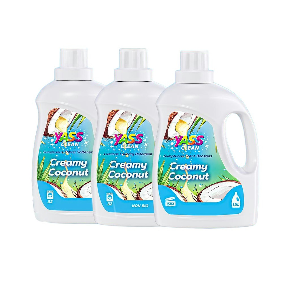 image 1 of Yass Clean Non Bio Creamy Coconut Laundry Bundle, 32 Washes 1.5L Concentrated Detergent, 1.5L Fabric Softener, 1.5L Scent Booster Laundry Beads