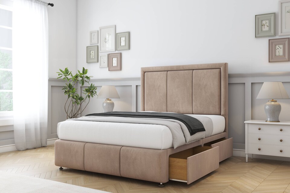 image 1 of Sloomy Lancaster Mink Naples Divan Bed With Mattress 4 Drawers With 26" Strutted Headboard & 12" Matching Footboard 6' Super King | Brown | Mink | Super King | 1