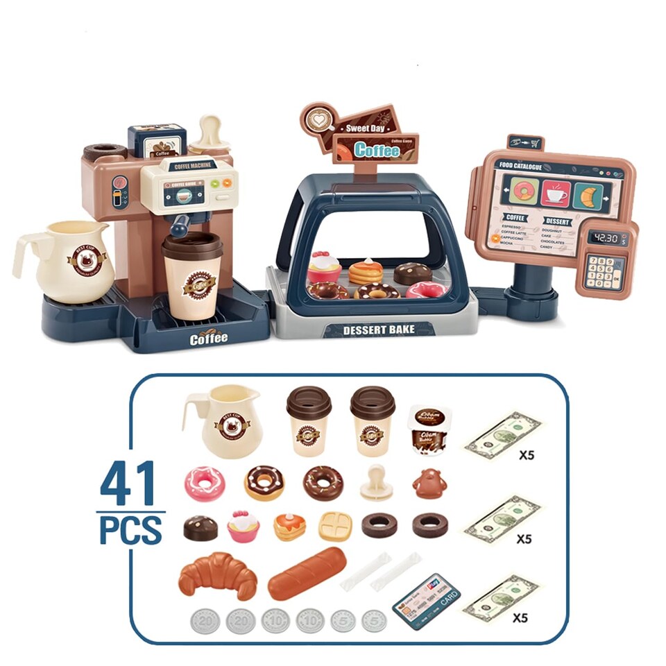 image 1 of Pretend Kitchen Coffee Playset with Cash Register, Coffee Maker & Accessories - Toddler Role Play Toy for Kids 3 plus