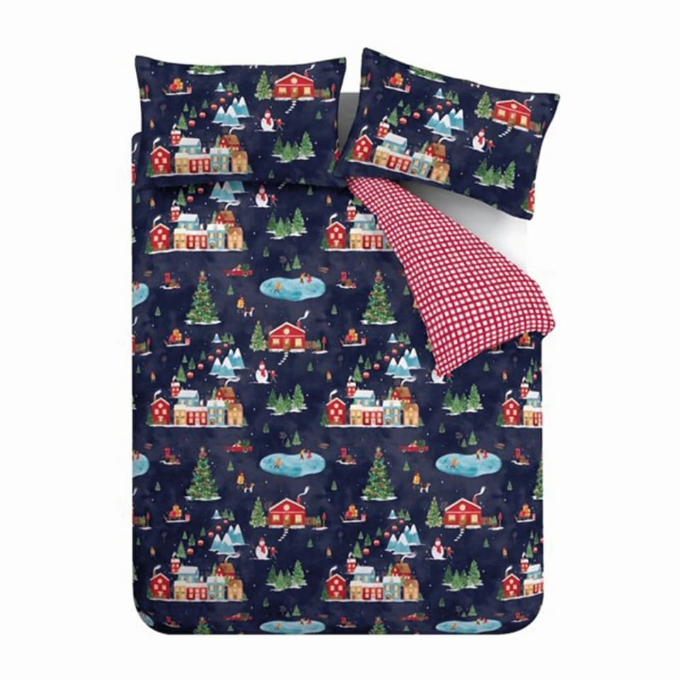 image 1 of Catherine Lansfield Christmas Ski Village Reversible Duvet Cover Set Navy Blue Blue | Navy Blue | Super King