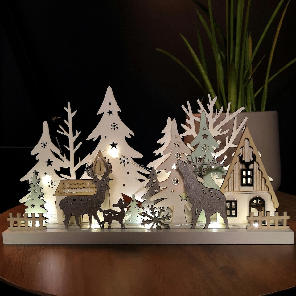 image 1 of 30cm Battery Operated Indoor Christmas Wooden Village & Reindeer Scene with Warm White LEDs