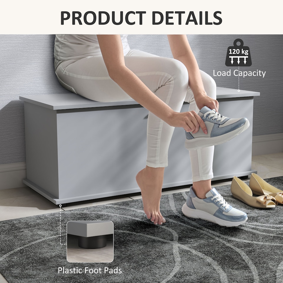 image 1 of HOMCOM 113L Storage Chest, Storage Box with Flip-Top Lid and 2 Safety Hinges, Storage Trunk for Living Room, Entryway, 100 x 40 x 40 cm, Grey | Grey | Grey