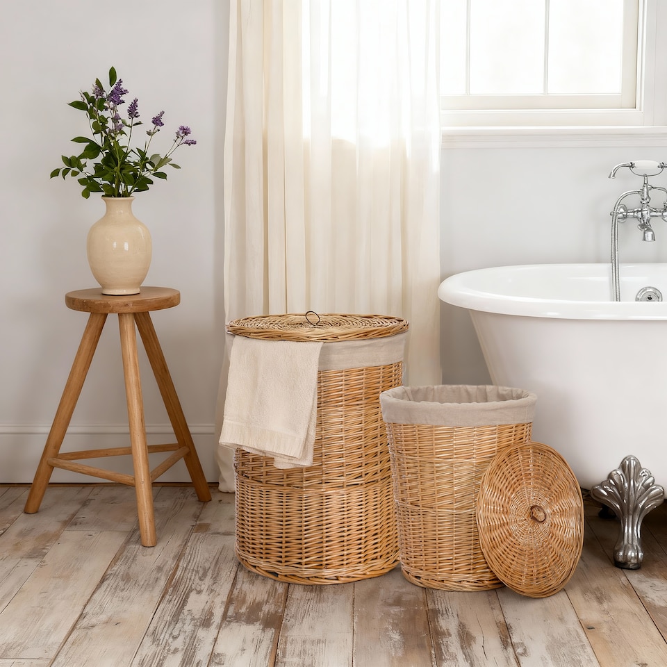 image 1 of Wicker Laundry Hamper Basket, Laundry Basket with Lid, Round Washing Baskets, Wicker Wash Baskets with Lining Bathroom Storage (Brown, Large)