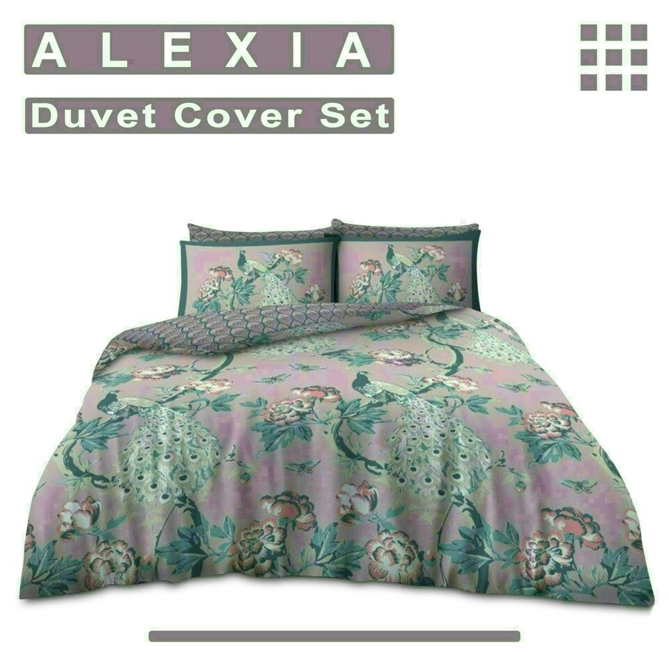 image 1 of Floral Peacock Printed Duvet Cover Set Reversible Polycotton Beddings Pink | Double