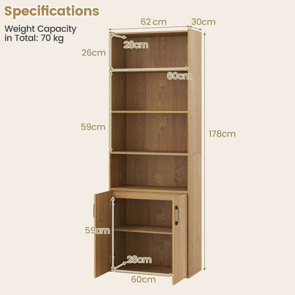 image 1 of COSTWAY 178 CM Bookcase 6-tier Modern Style Storage Natural Yellow