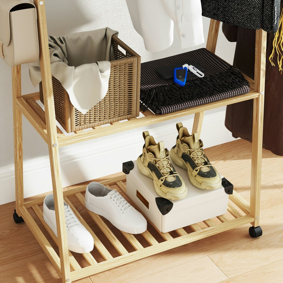 image 1 of HOMCOM Bamboo Clothes Rail Rack with 2 Storage Shelves, Natural Wood Effect