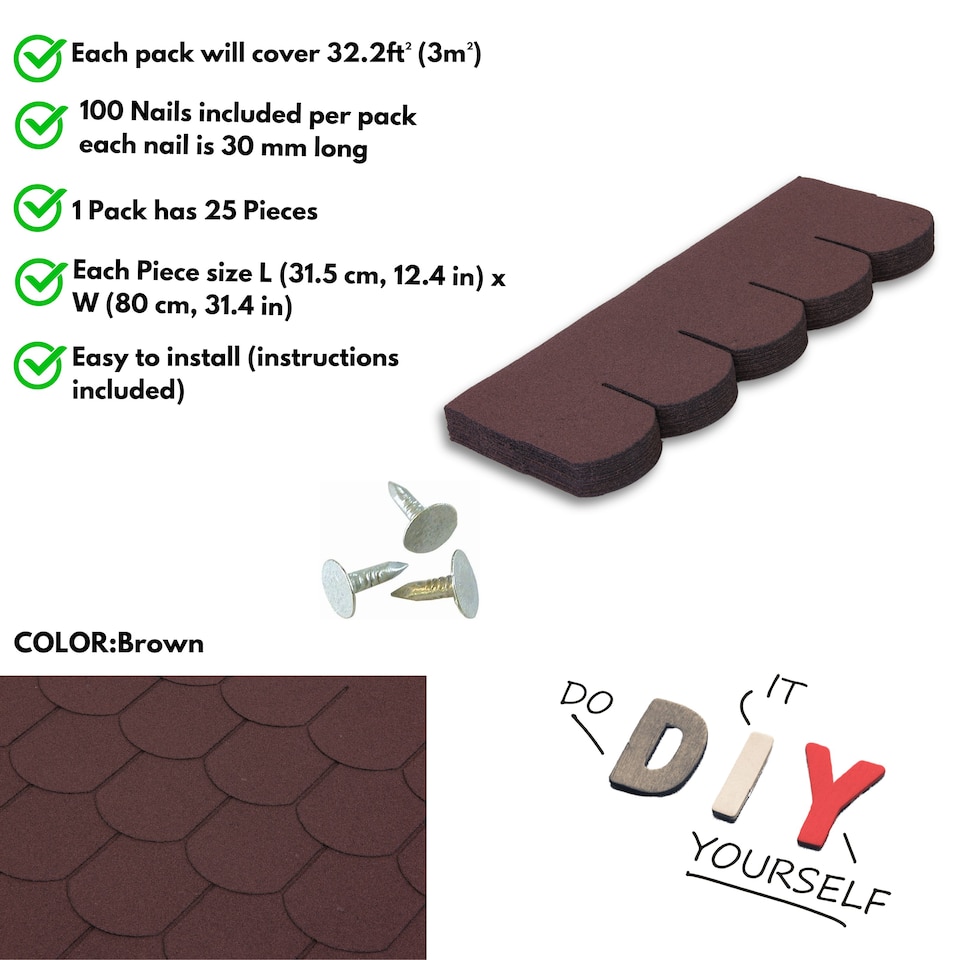 image 1 of Premium Asphalt Roof Shingles - Fish Scales Design 80 x 31.5 cm Weather Resistant Roofing Felt (25 Pcs)