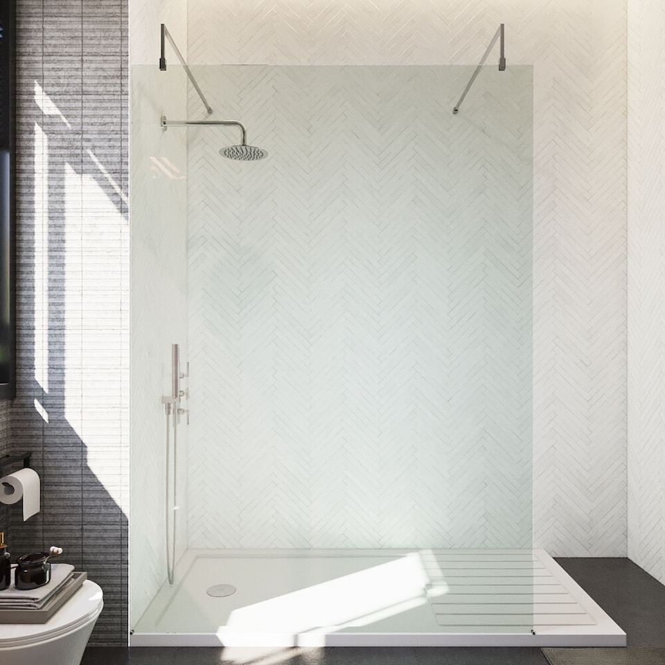 image 1 of Balterley Hollinsclough Contemporary Bathroom 8mm Glass Wetroom Screen with Arms & Feet, Chrome Finish, 1950 x 1398 x 14mm