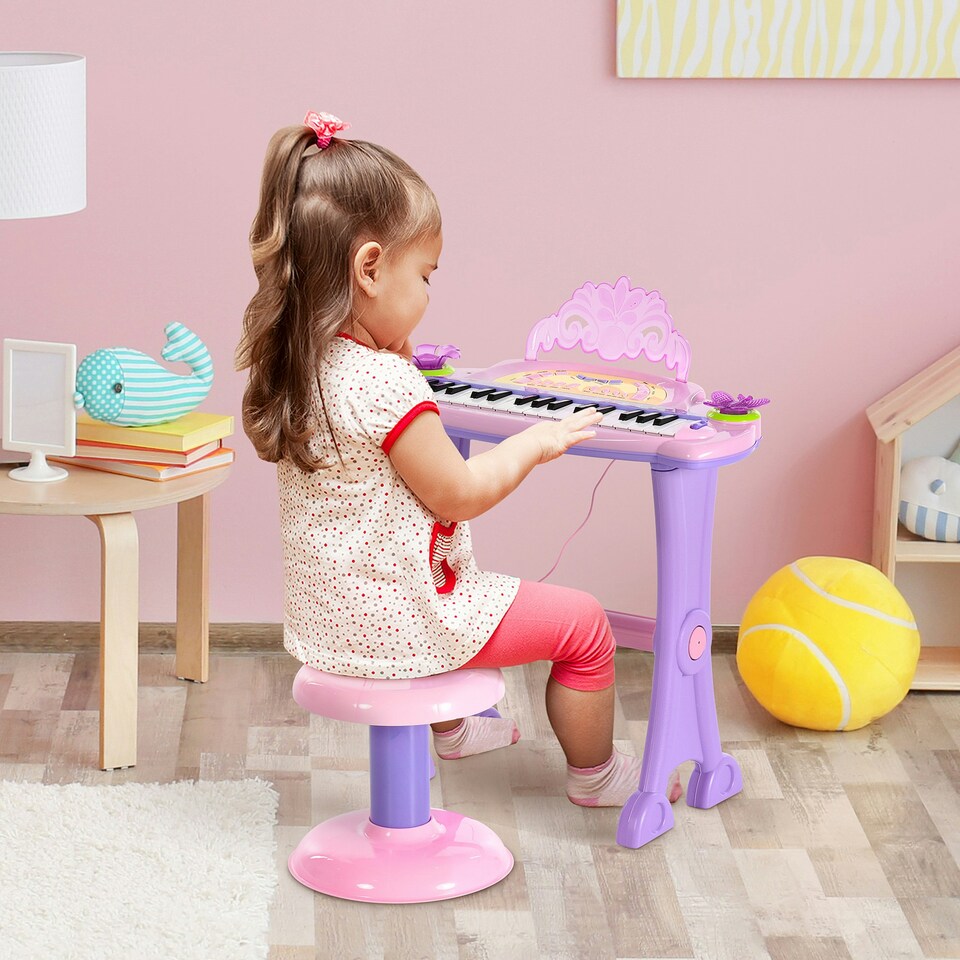 image 1 of HOMCOM Mini Battery Organ Piano Microphone Stool 32 Key Keyboard Kids Toy