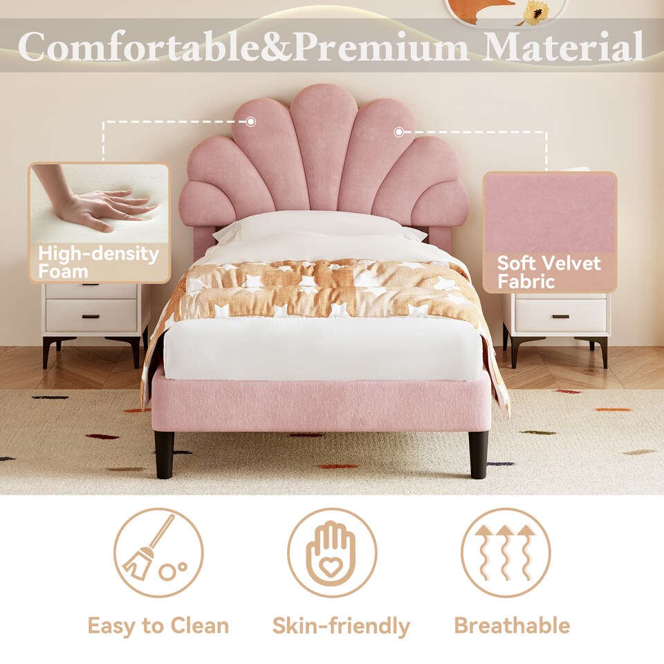 image 1 of Abrihome 3FT Single Upholstered Bed Frame with Adjustable Petal Headboard, Velvet, Solid Wood Slats, Pink, No Box Spring Needed