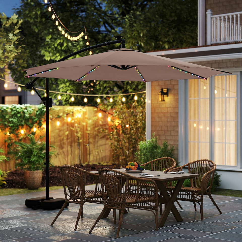 image 1 of COSTWAY 290 cm Solar Offset Hanging Sunshade Parasol Coffee Brown