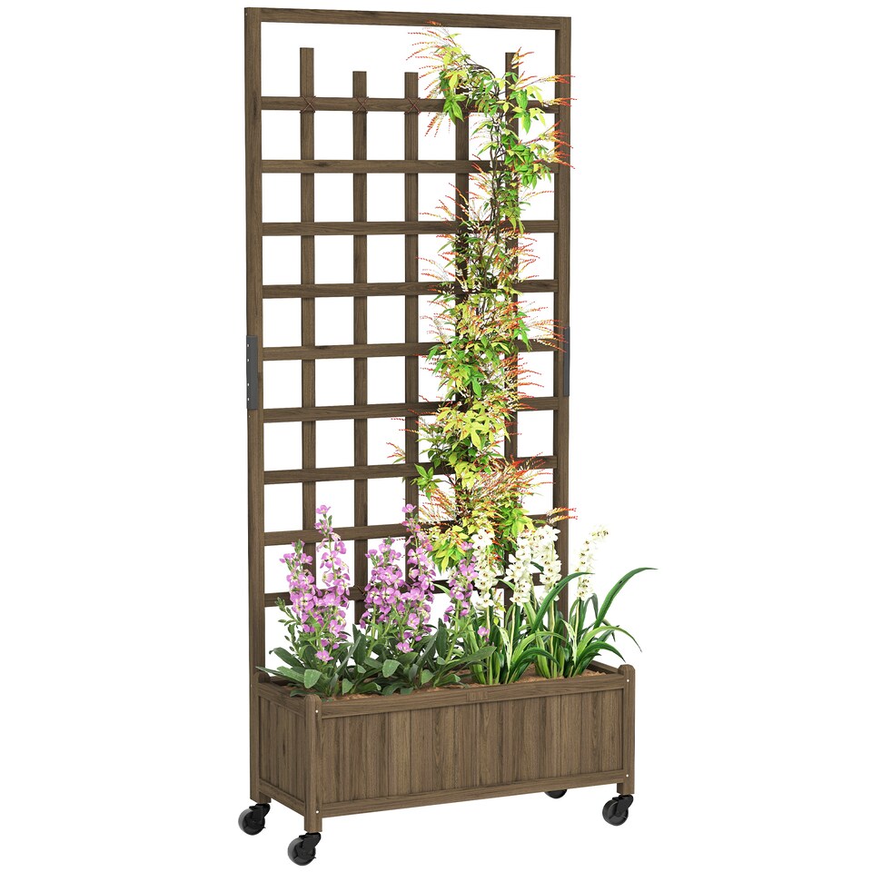 image 1 of Outsunny Wooden Trellis Planter, Raised Garden Bed with Wheels, Brown | Brown | Brown