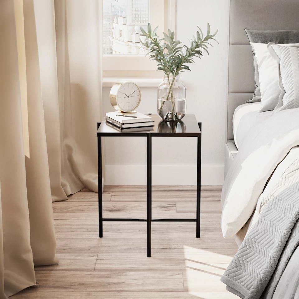 image 1 of Set of 2 Pcs Marble Effect Tops Square Round Side End Coffee Table Metal Frame | Black | Black Square | 1